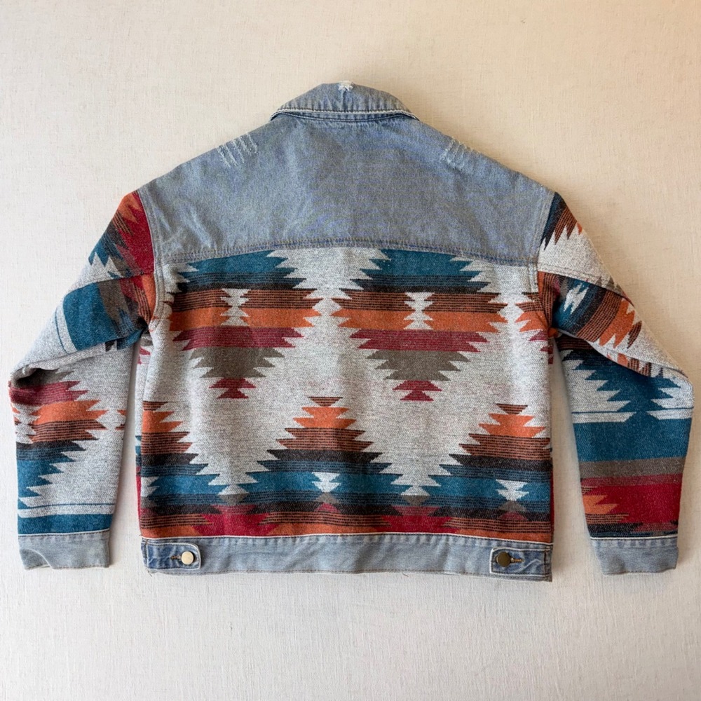 Polagram Aztec Tapestry Denim Jacket Oversized Southwestern Women Small Blue - Picture 2 of 11
